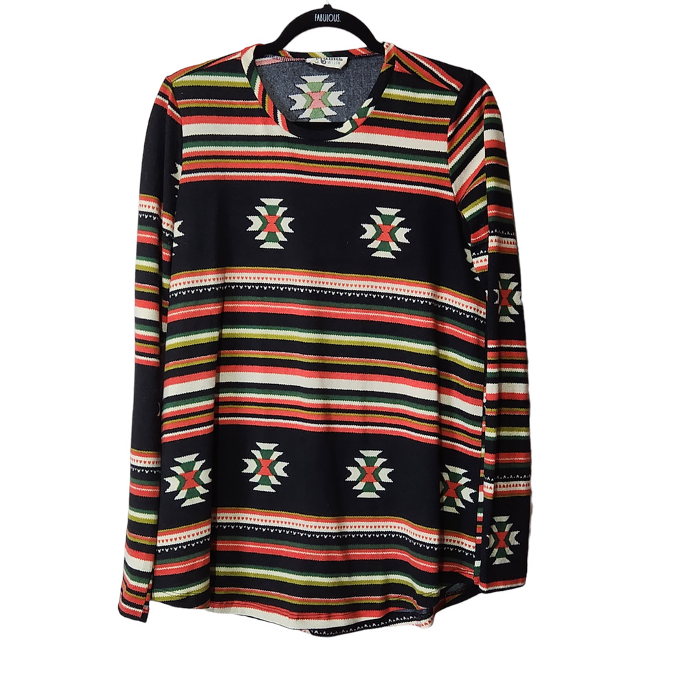 Mumu Mellow Womens Long Sleeve Top SZ Medium Black Red Aztec Tribal Southwestern